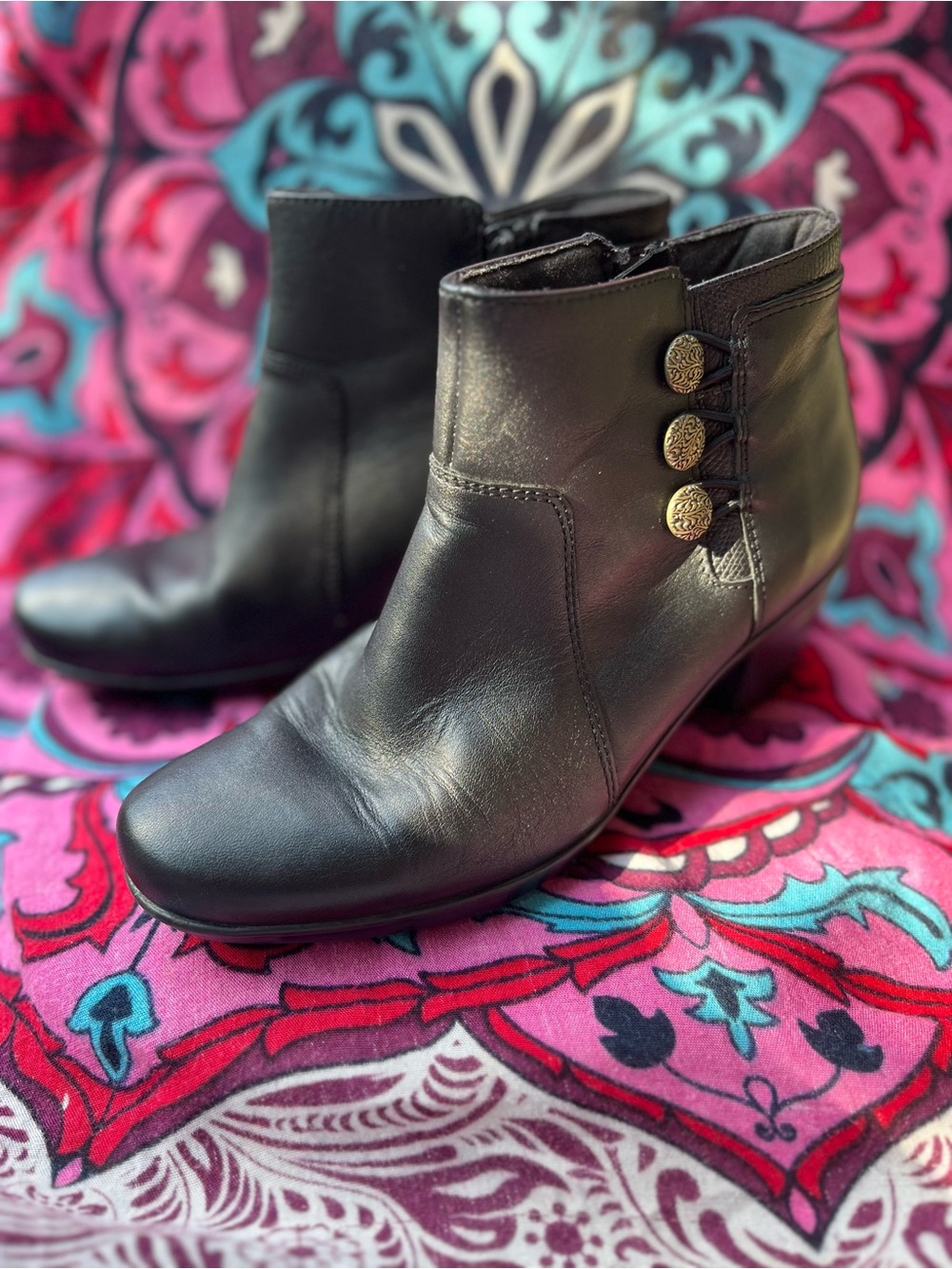 Clarks Black Leather Ankle Boots with Decorative Button Accents